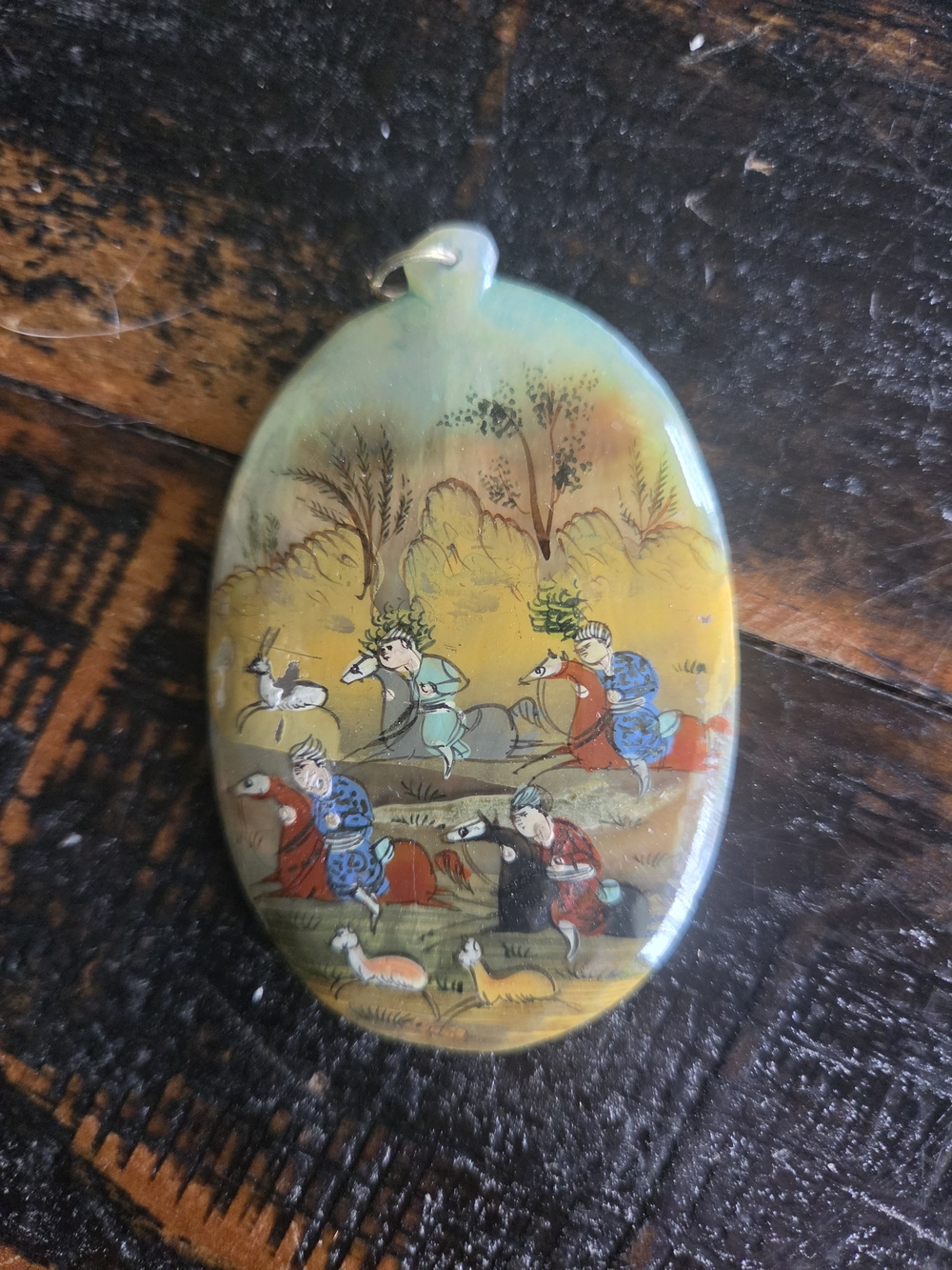 Hand-Painted Persian Hunting Scene Pendant